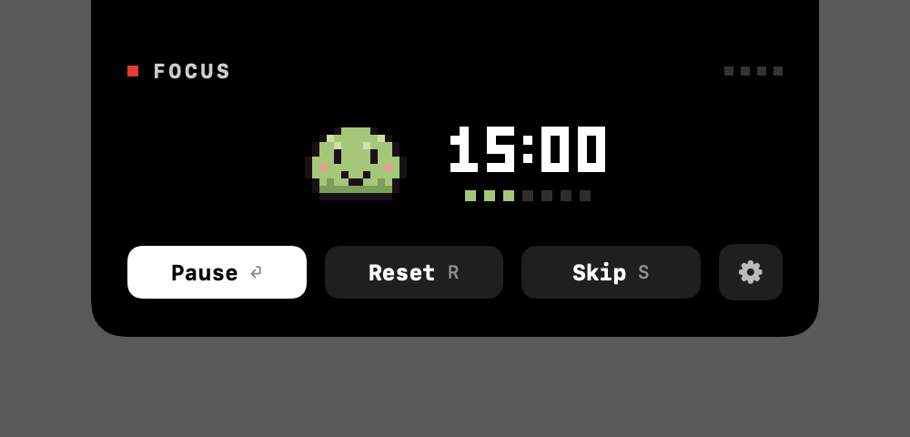Mochidoro’s expanded Mac timer: a smiling mochi beside 15 minutes remaining, with Pause, Reset, and Skip controls.